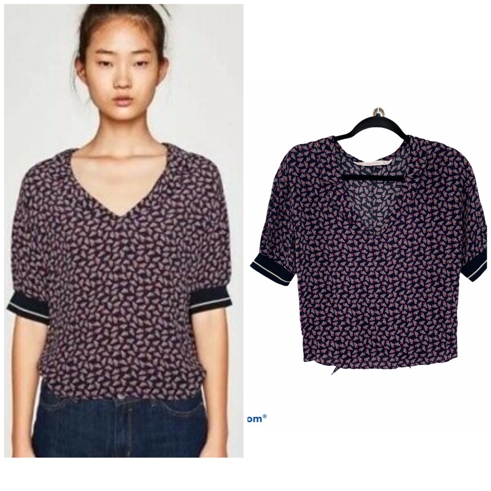Zara Sneaker Print Tie Back Collared Shirt size M